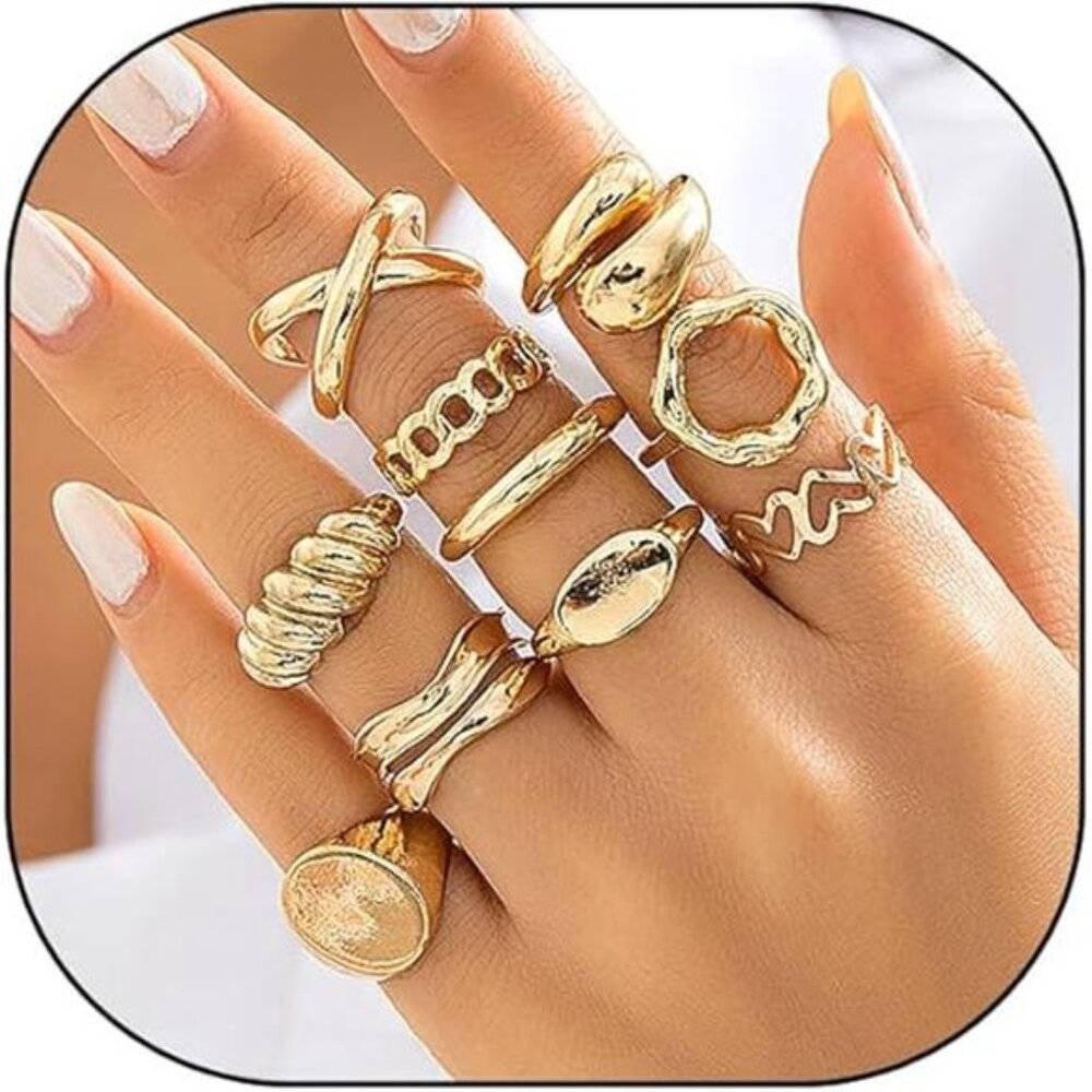 Gold Chunky Stackable Rings Set,Silver Layered Ad… - image 7